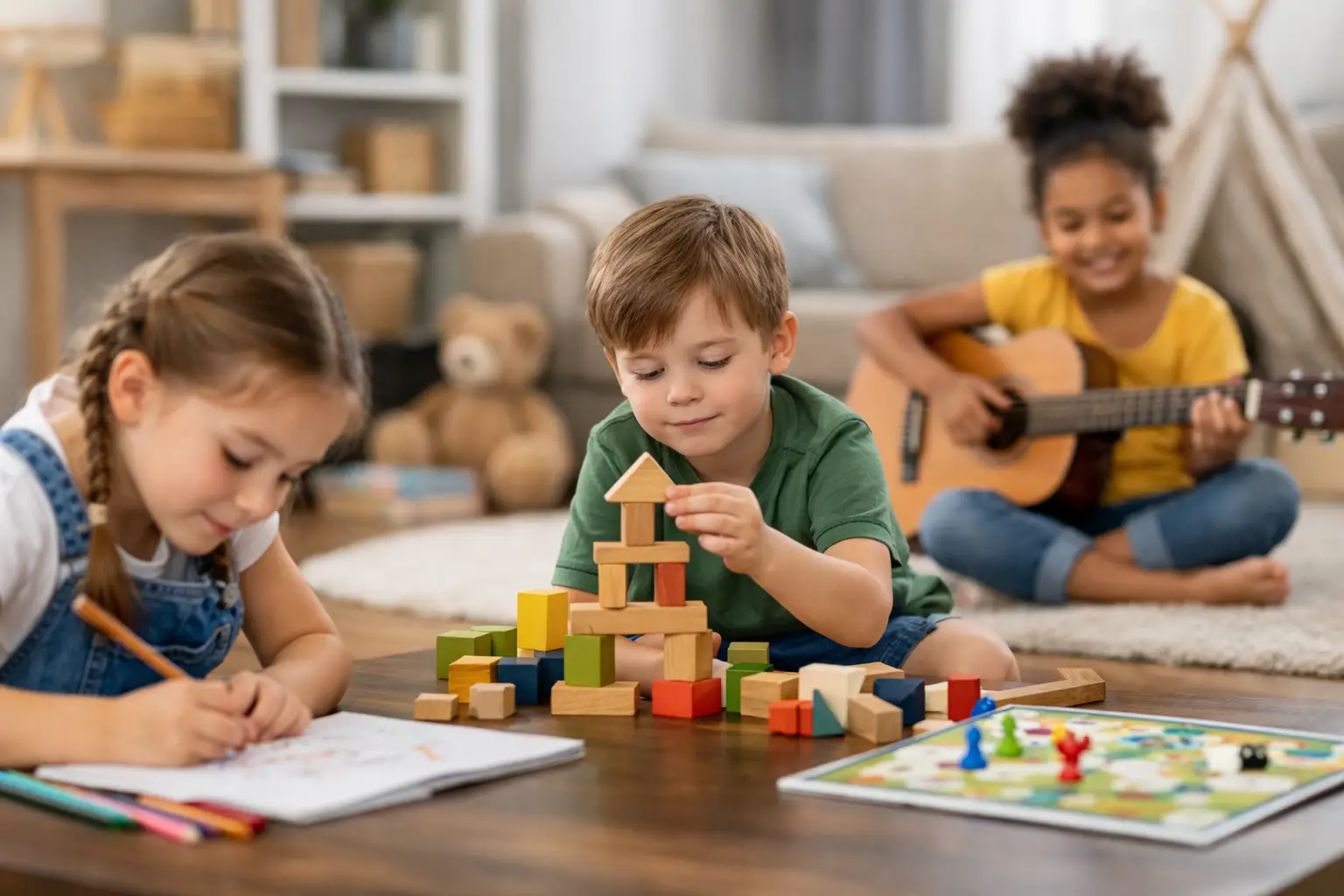 Three children drawing, stacking blocks and playing guitar at home