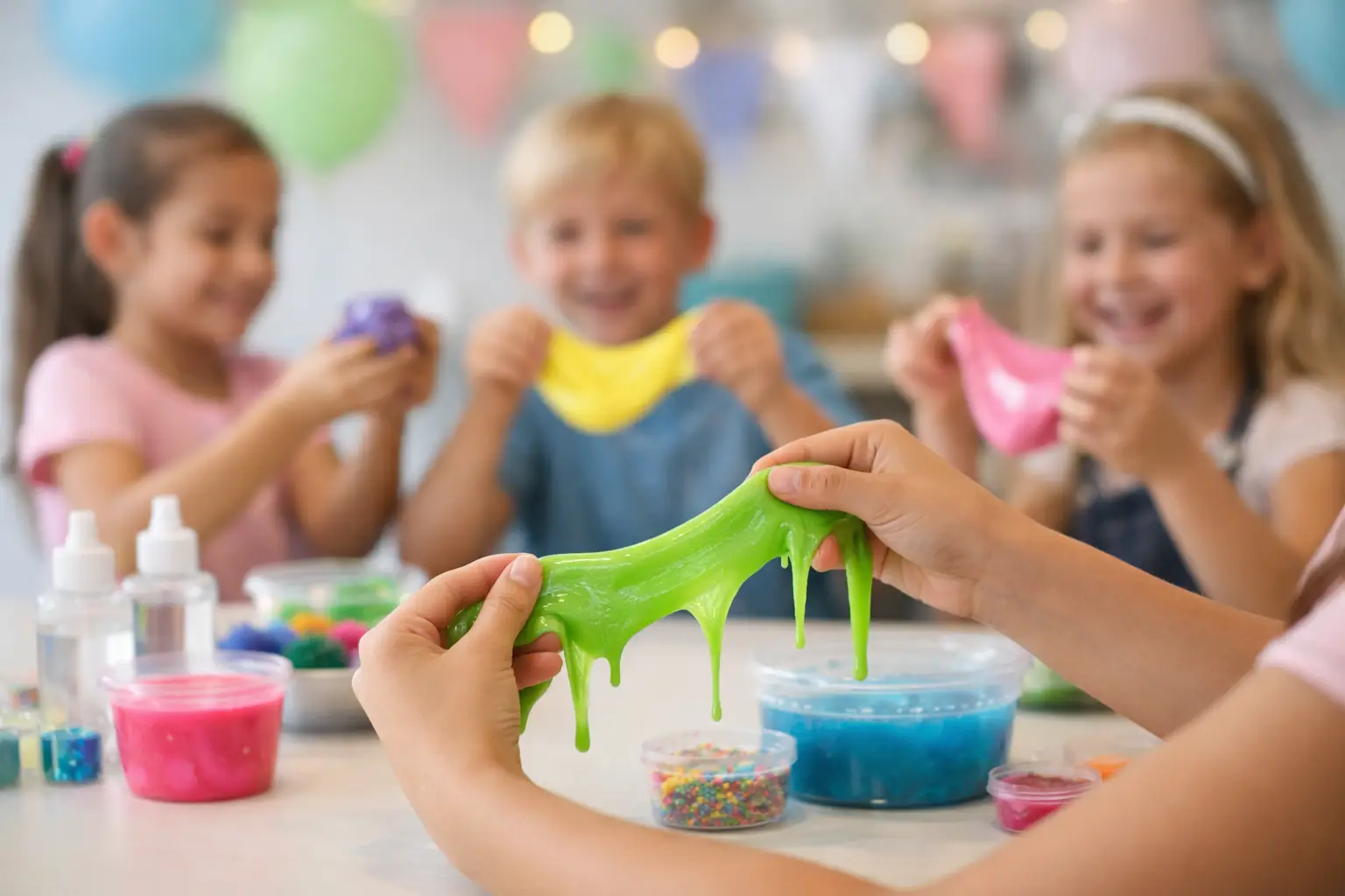 Children at a party table with hands stretching green slime above jars of blue and pink slime