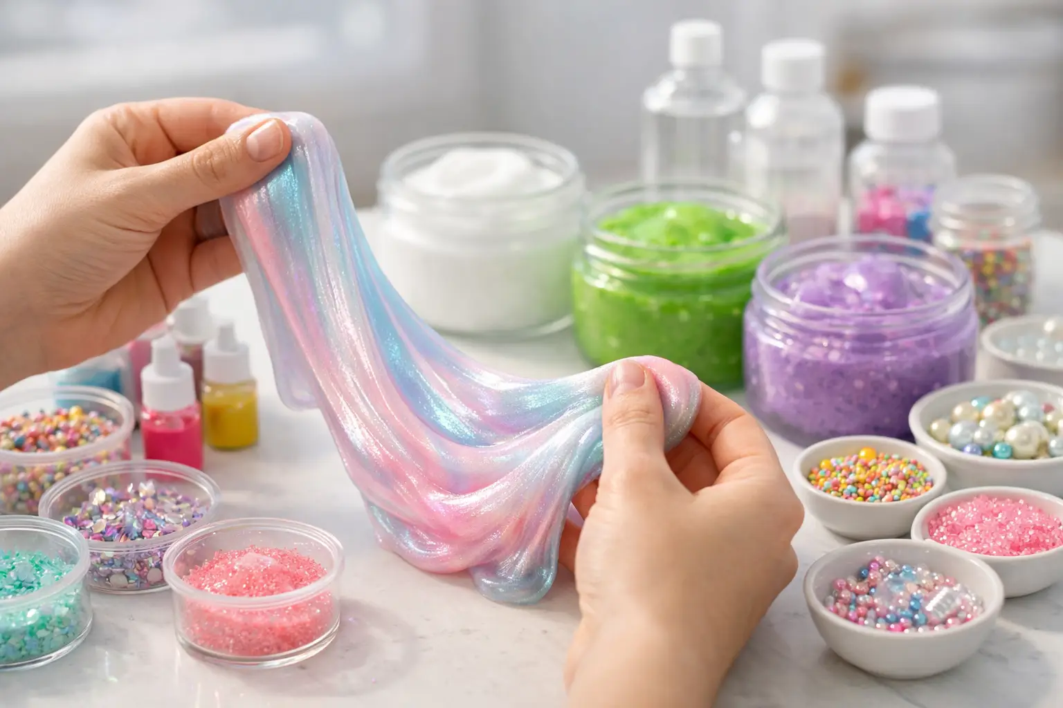 Hands stretching pastel glitter slime beside jars of slime and sprinkles