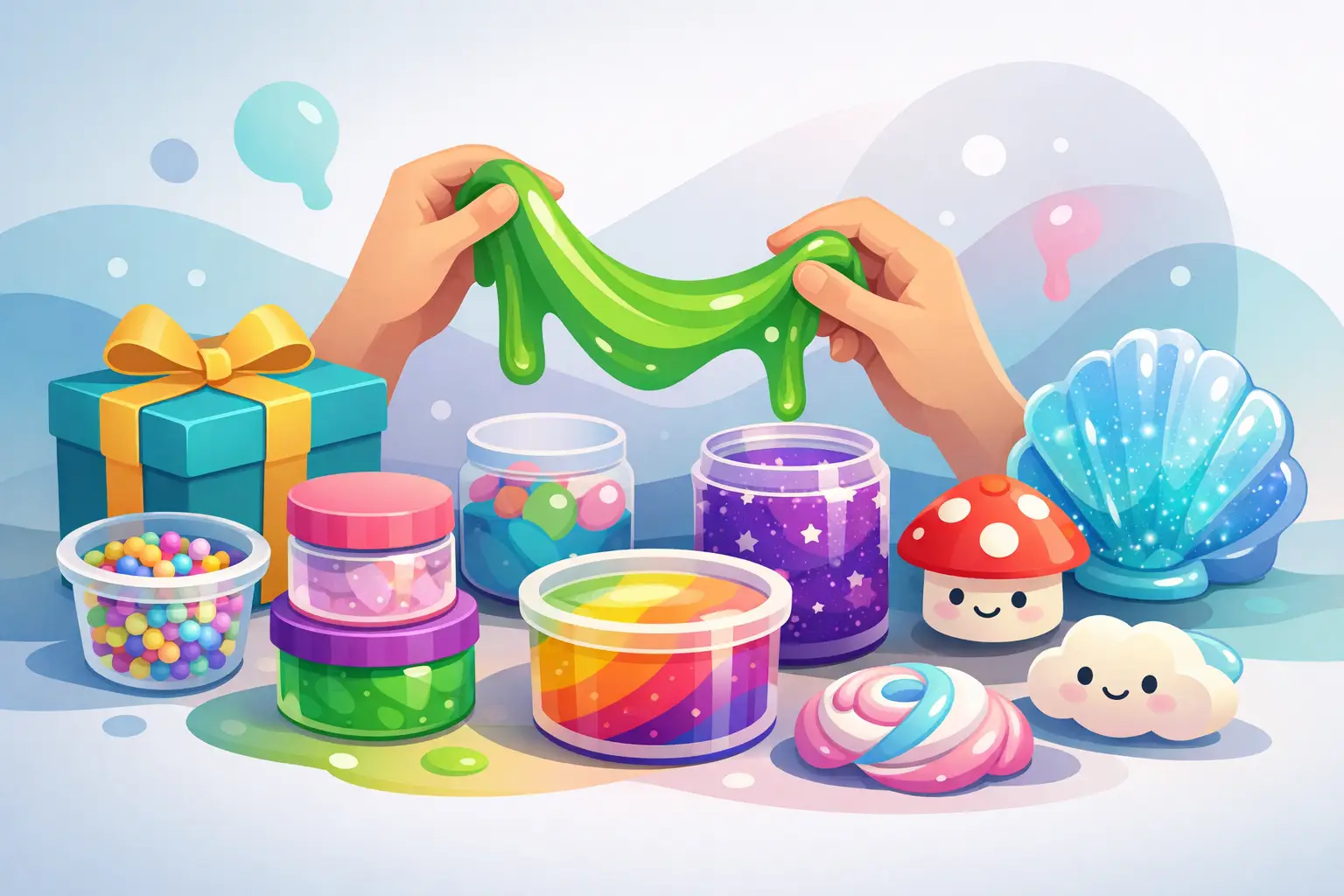Hands stretching green slime above jars of colorful slime, a gift box, and small slime toys