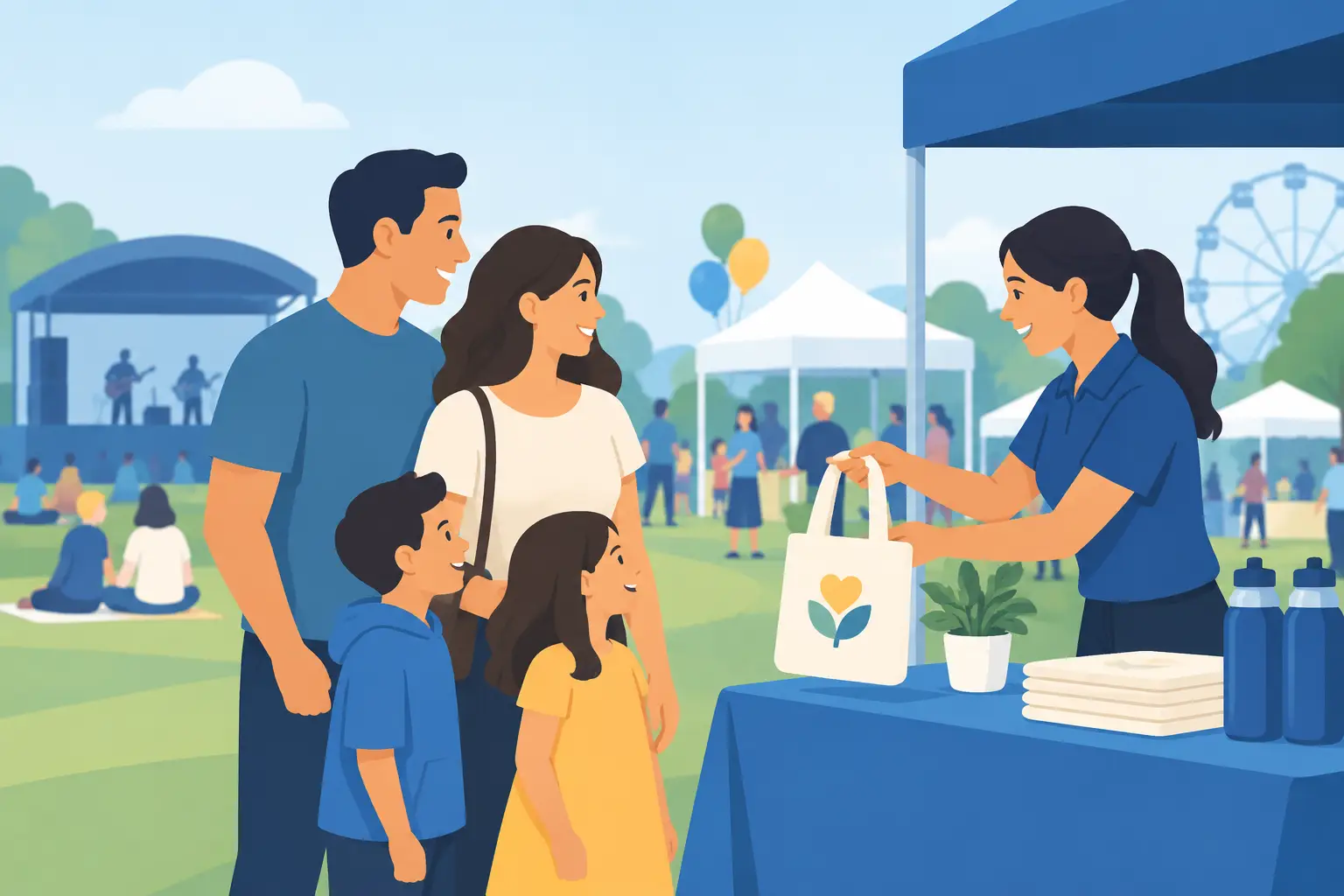Family talking with a Slime Kitchen team member at an outdoor event booth