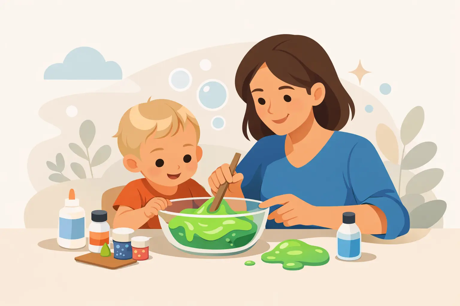 A woman and a toddler mixing green slime in a bowl