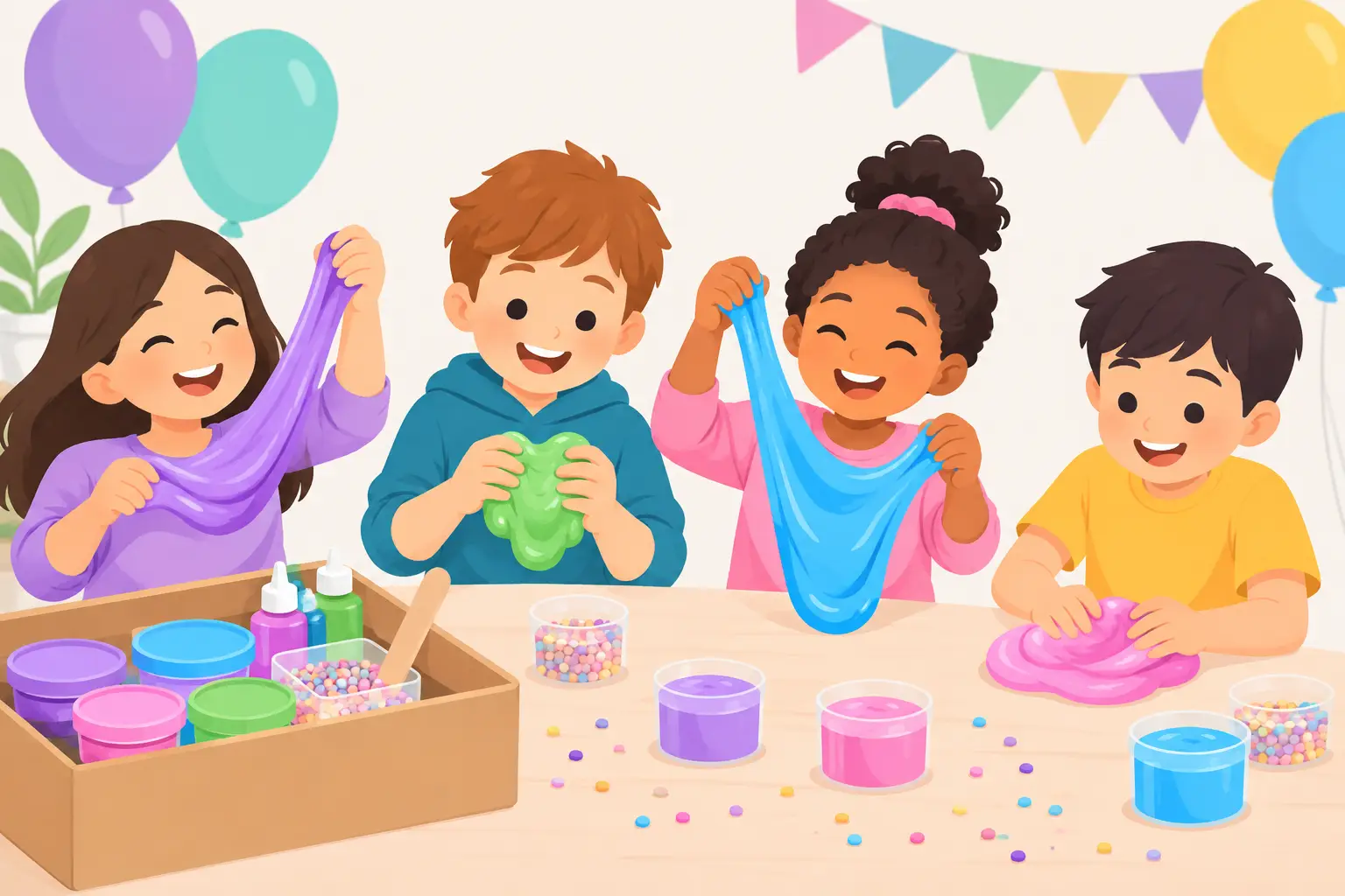 Four children making slime at a table with tubs of colorful slime and sprinkles at a birthday party