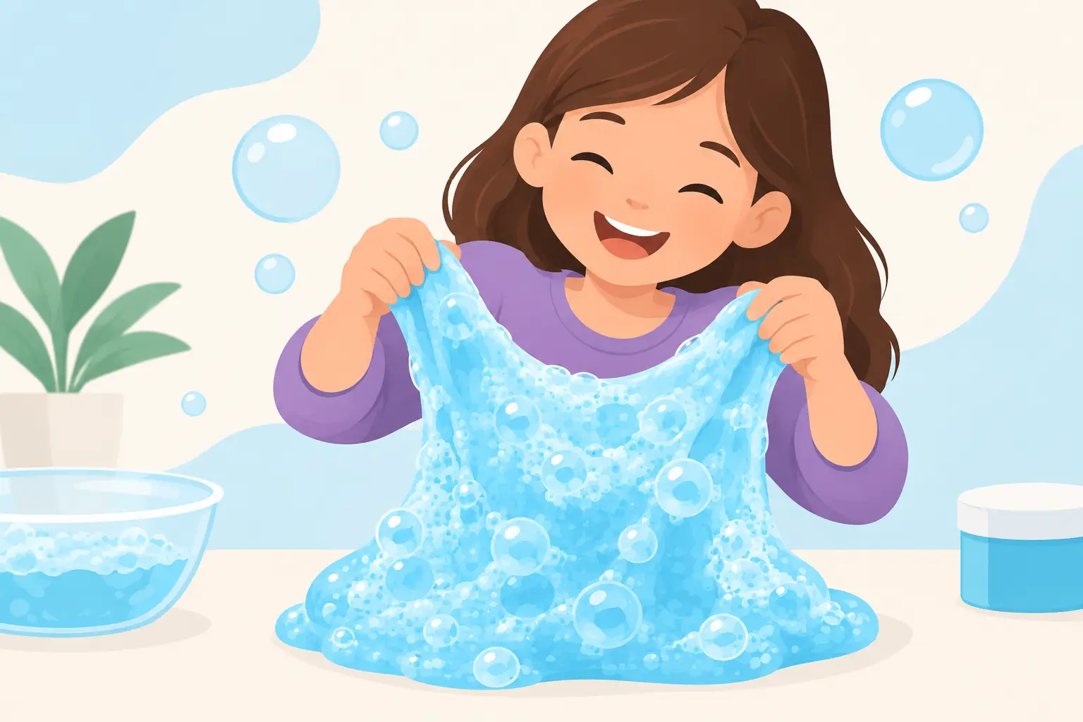 Smiling girl stretching bubbly blue slime