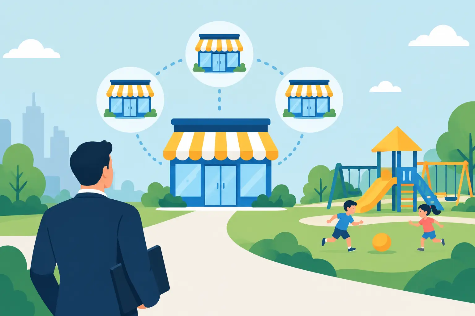 Illustration of a business owner looking at a storefront and a playground, with two smaller store icons above