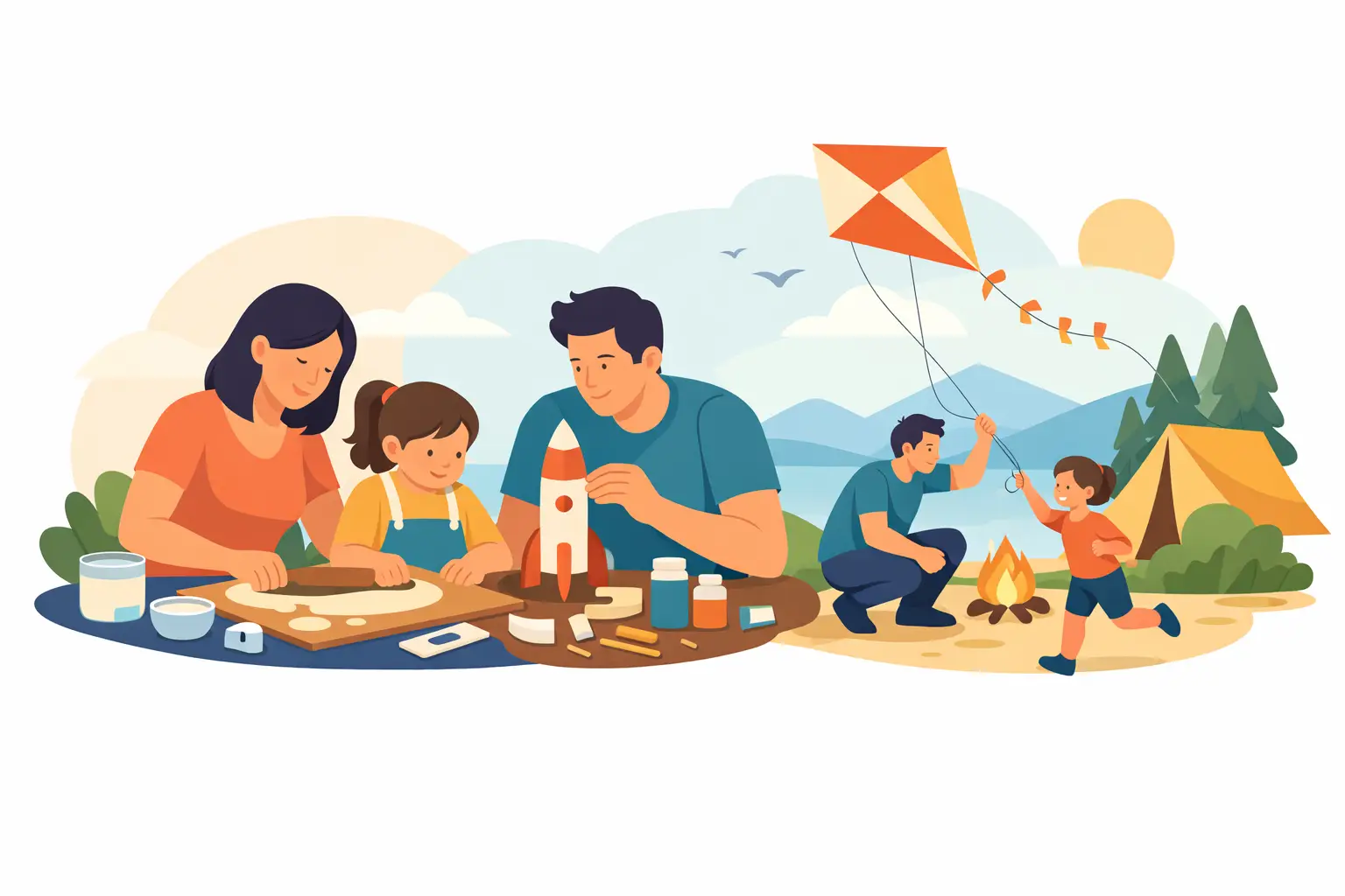 A family making a model rocket at a table while another family member plays near a campfire and tent
