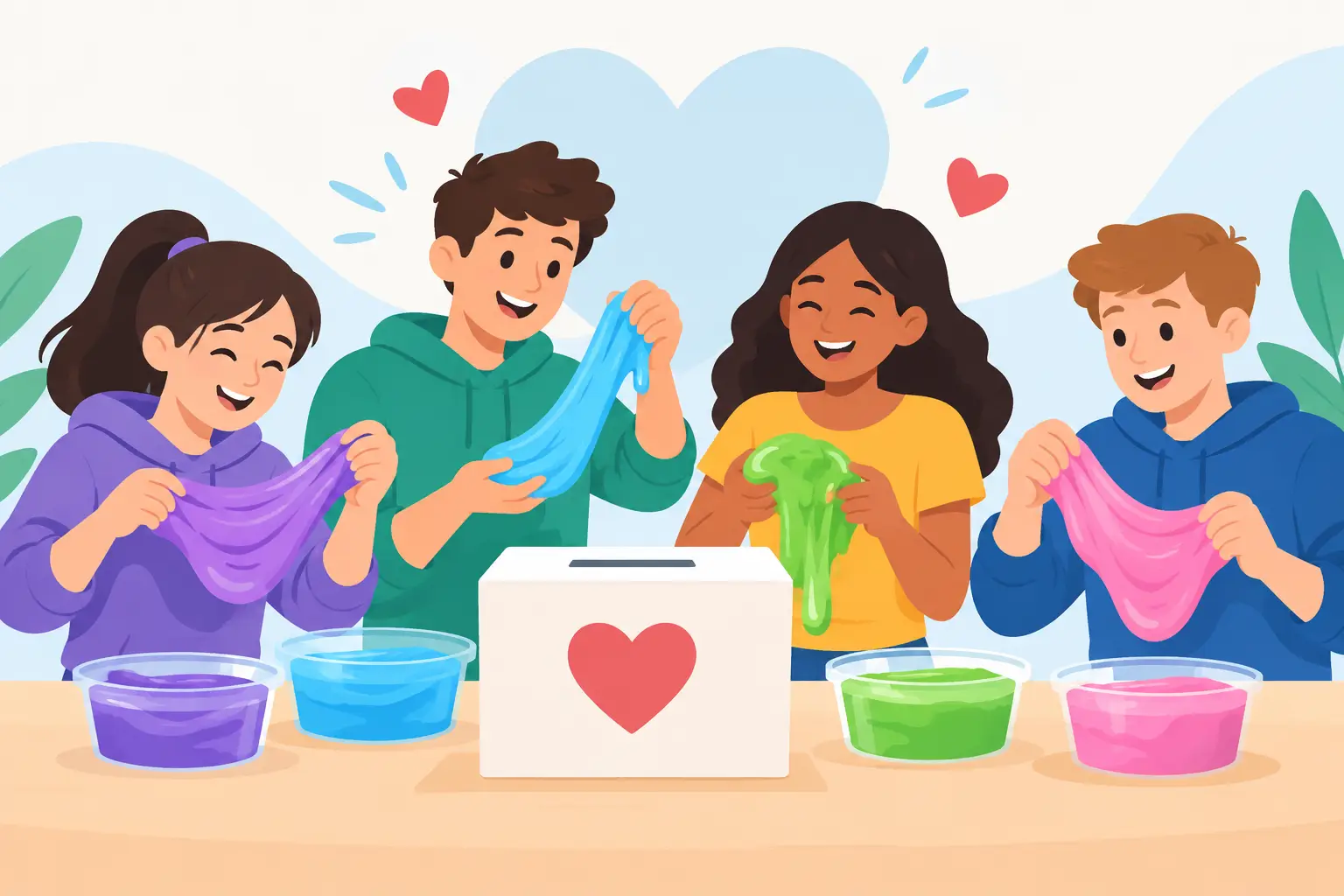 Four children making slime around a donation box with a heart at a fundraiser