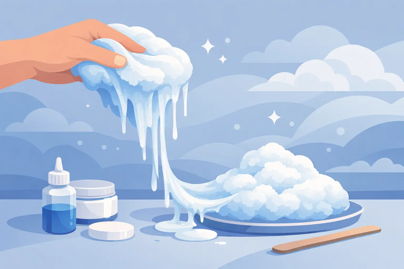 A hand lifting white cloud slime that drips onto a plate, with bottles and a craft stick nearby