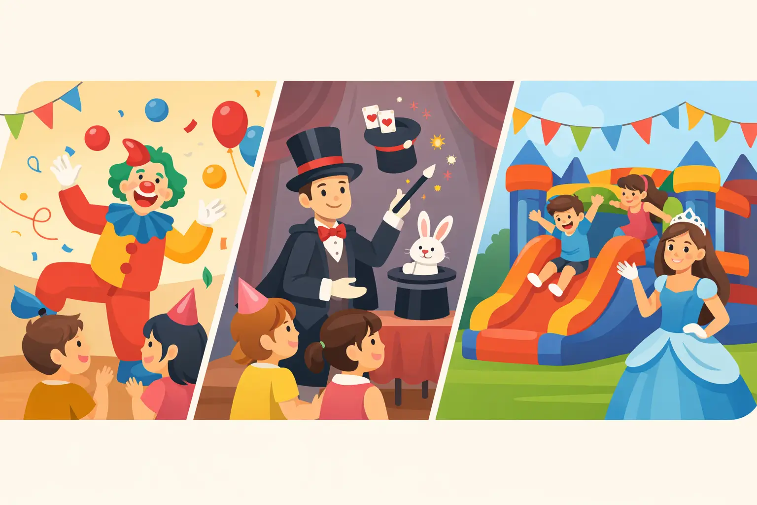 Illustrations of a clown, a magician with a rabbit and a bounce house at kids' birthday parties