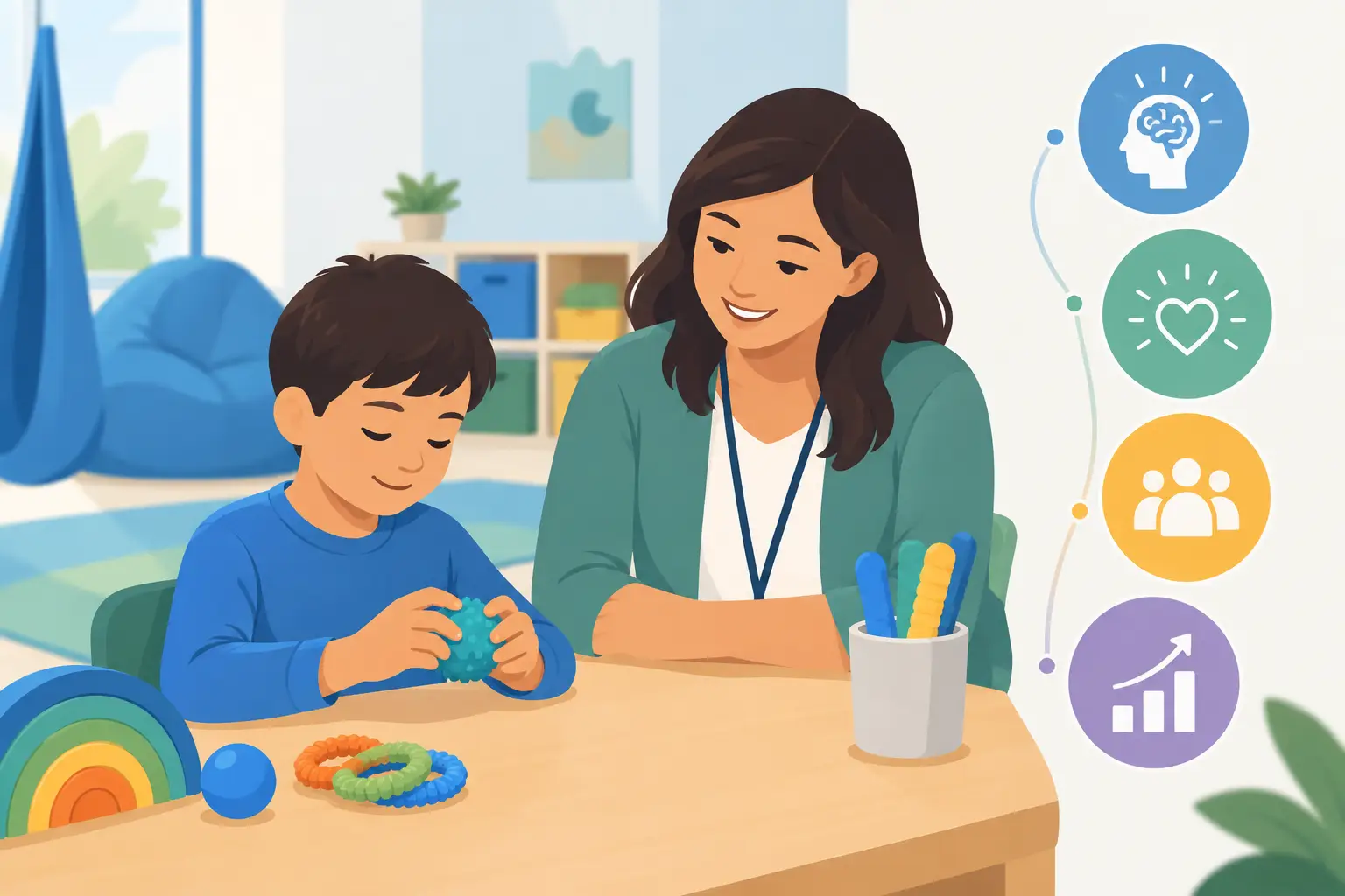 A teacher and a young student playing with sensory toys at a table