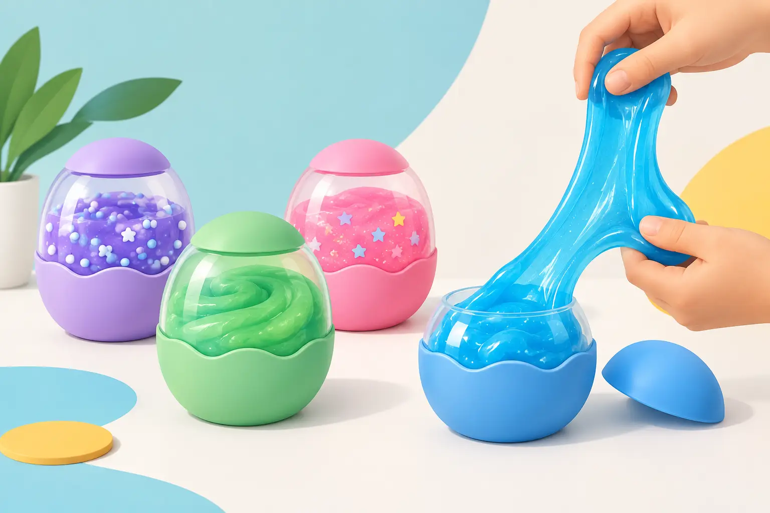 Egg-shaped slime pods in purple, green, pink and blue, with a hand stretching blue slime