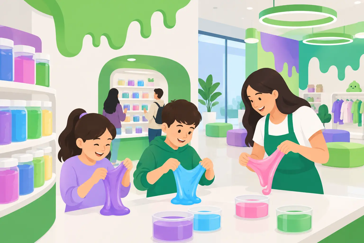 Children and a staff member in an apron making slime in a slime shop