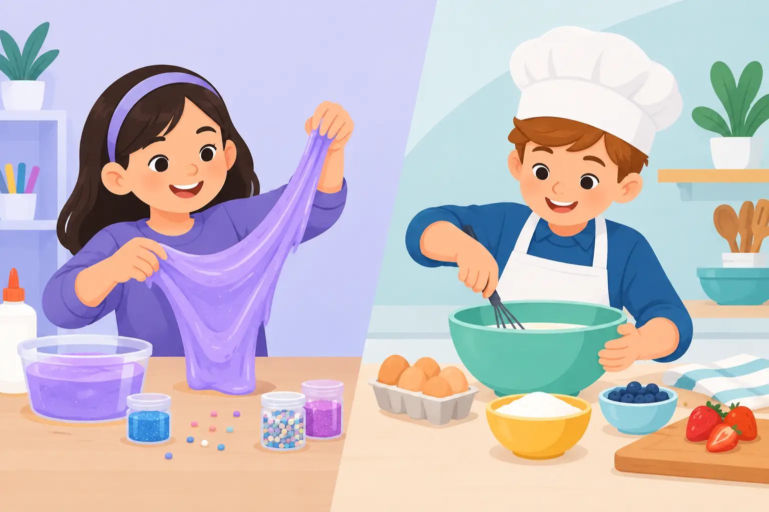 Illustration of a girl making slime and a child in a chef hat cooking, comparing a slime workshop with a cooking class for kids